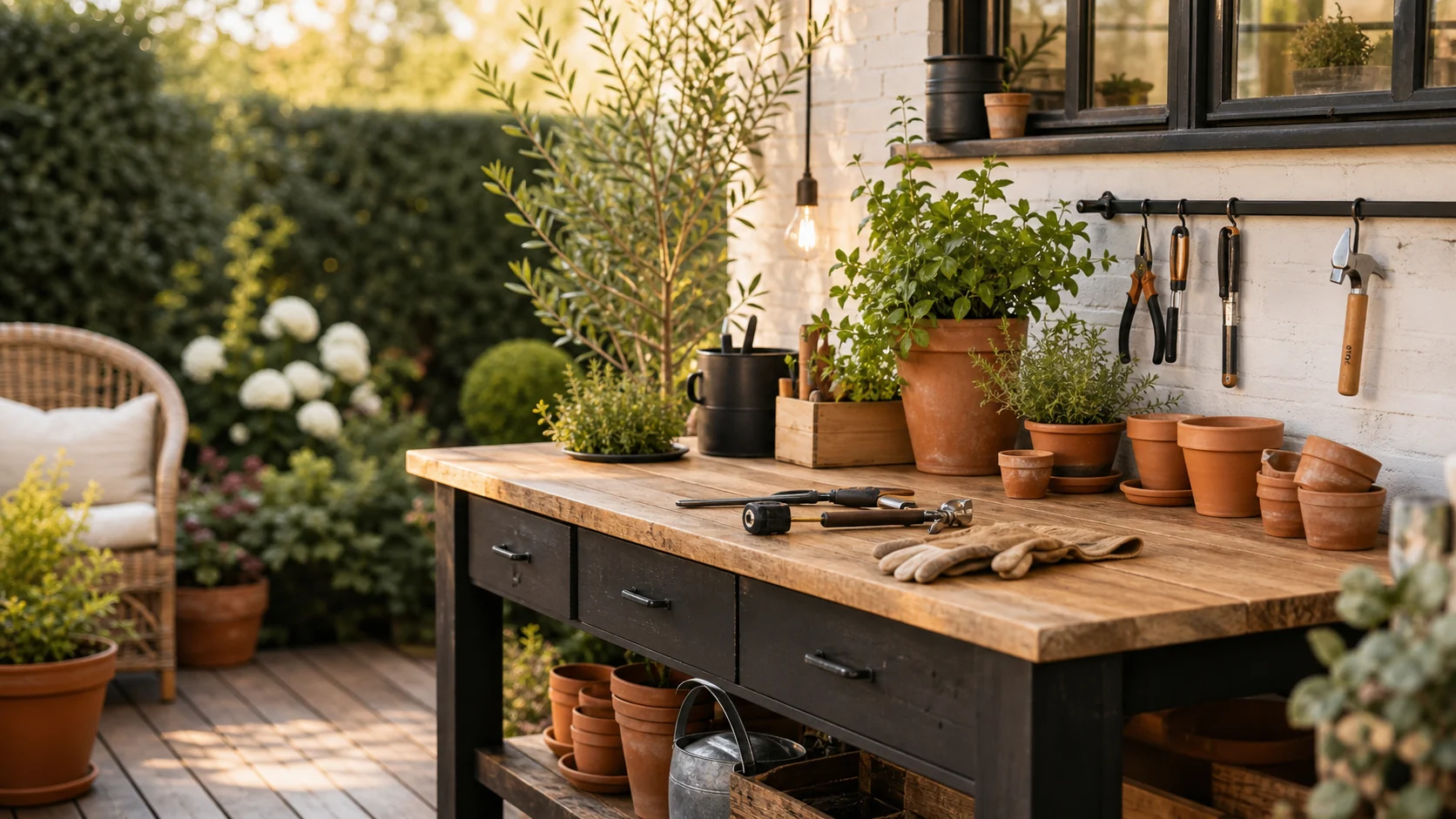 Coin jardin et bricolage avec outils, plantes et pots en terre cuite