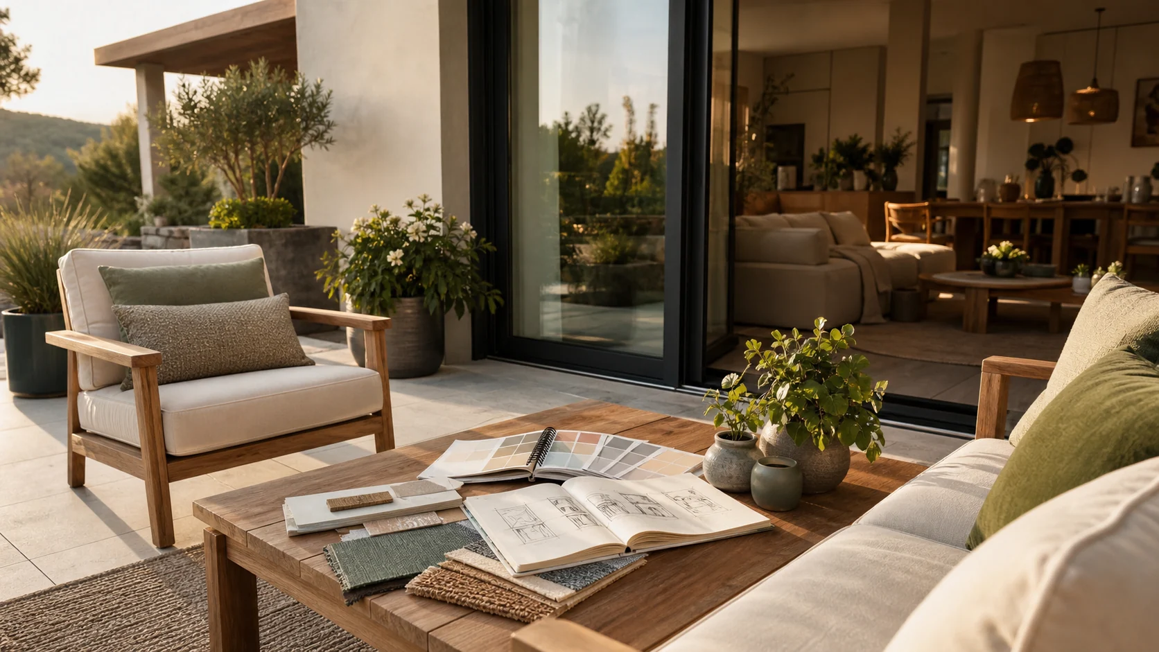 Projet d’aménagement maison et jardin avec terrasse, plantes et carnet de croquis